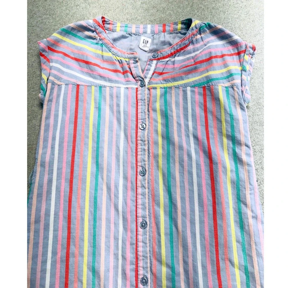 Gap Kids Shirt Dress Girls Size 8 Blue Rainbow Stripe Button Front Cap Sleeve